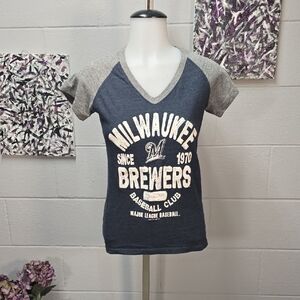 Milwaukee Brewers Women's V-Neck Tee - Navy and Gray